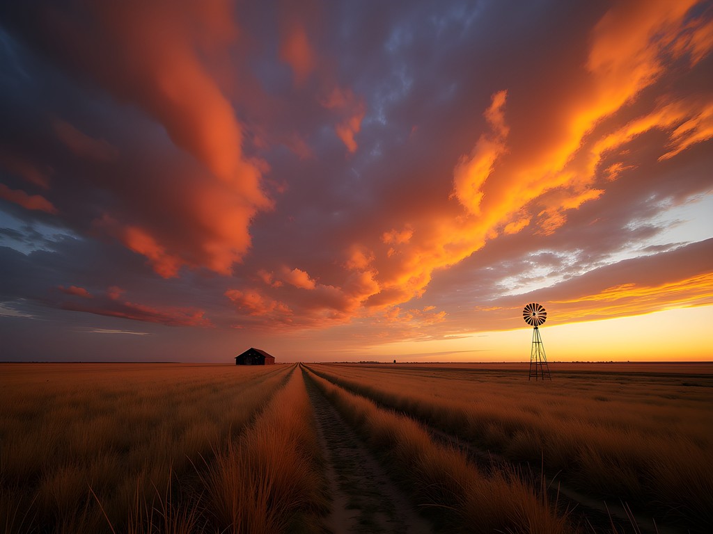 Dramatic sunset over Oklahoma prairie landscape near Enid