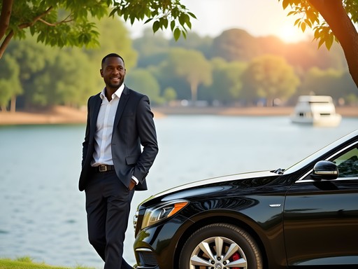 Business traveler with driver beside Lake Victoria in Entebbe