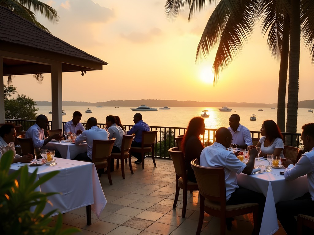 Business dinner at lakeside restaurant in Entebbe with Lake Victoria sunset