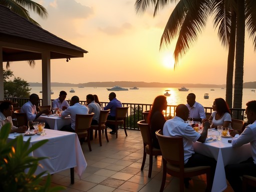 Business dinner at lakeside restaurant in Entebbe with Lake Victoria sunset