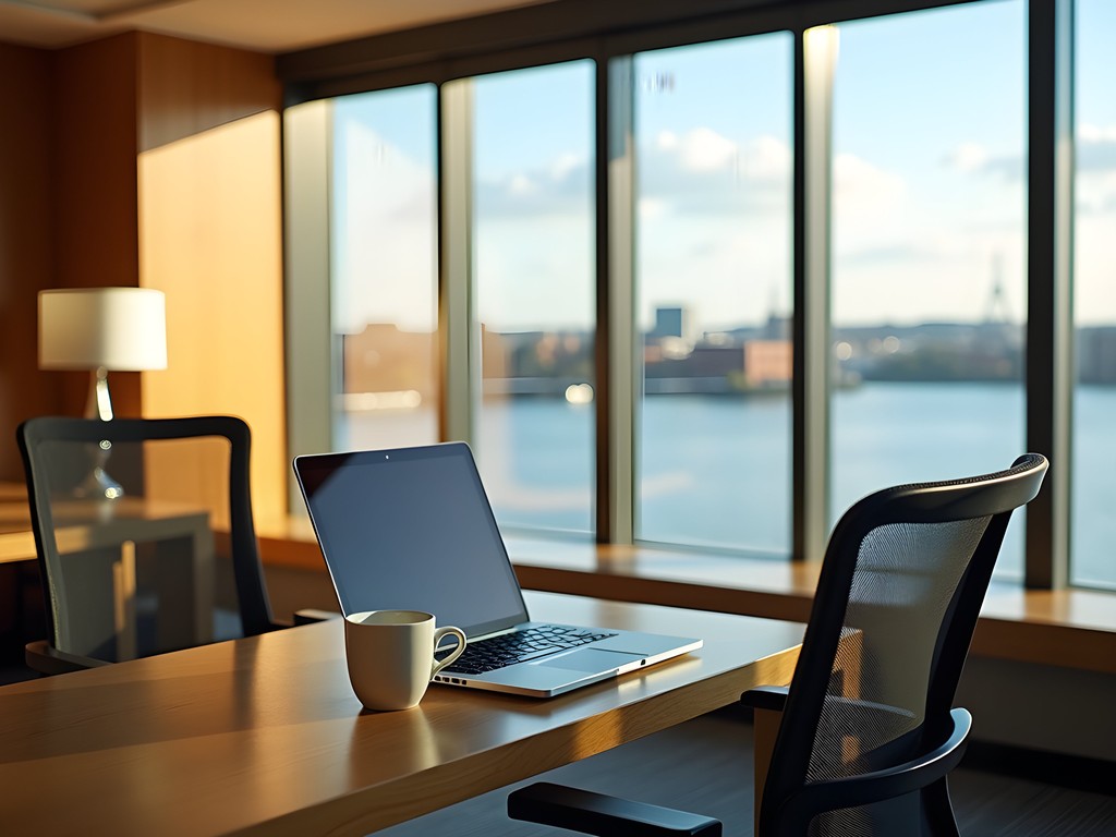 Business traveler working at DoubleTree Evansville with Ohio River view through large windows