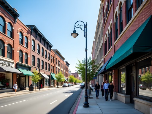 Evansville downtown Main Street with historic architecture and modern business amenities