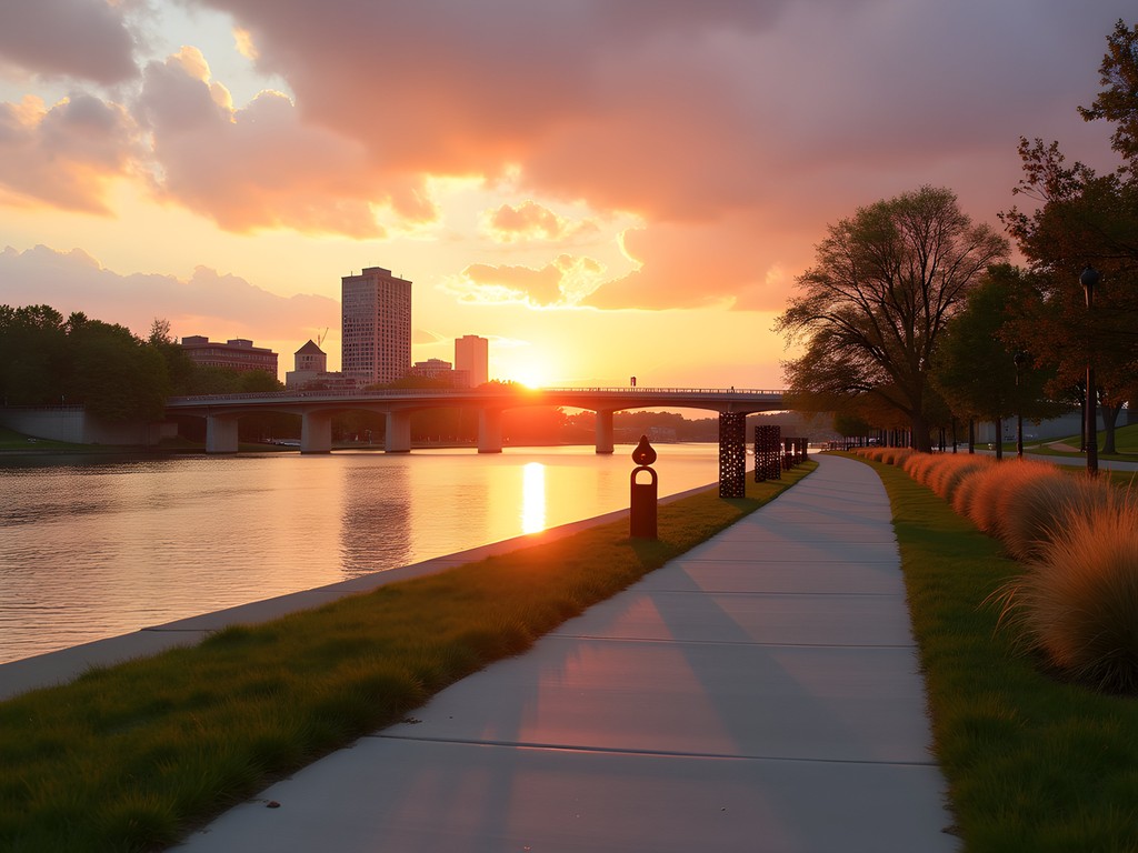 Sunset view along Evansville Riverfront Trail with Ohio River and public art sculptures