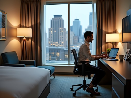 Business traveler working in comfortable hotel room in Flint