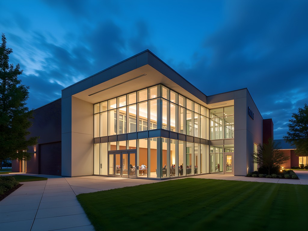 Evening exterior of Flint Institute of Arts with modern architecture