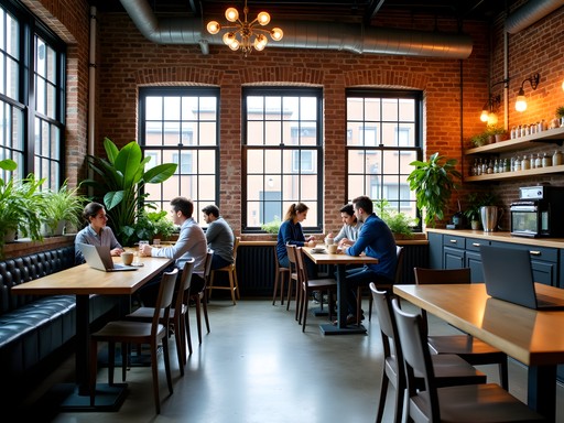 Modern coworking space in Fort Wayne coffee shop with business traveler