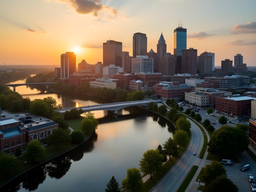 Fort Wayne downtown skyline where three rivers converge in Indiana