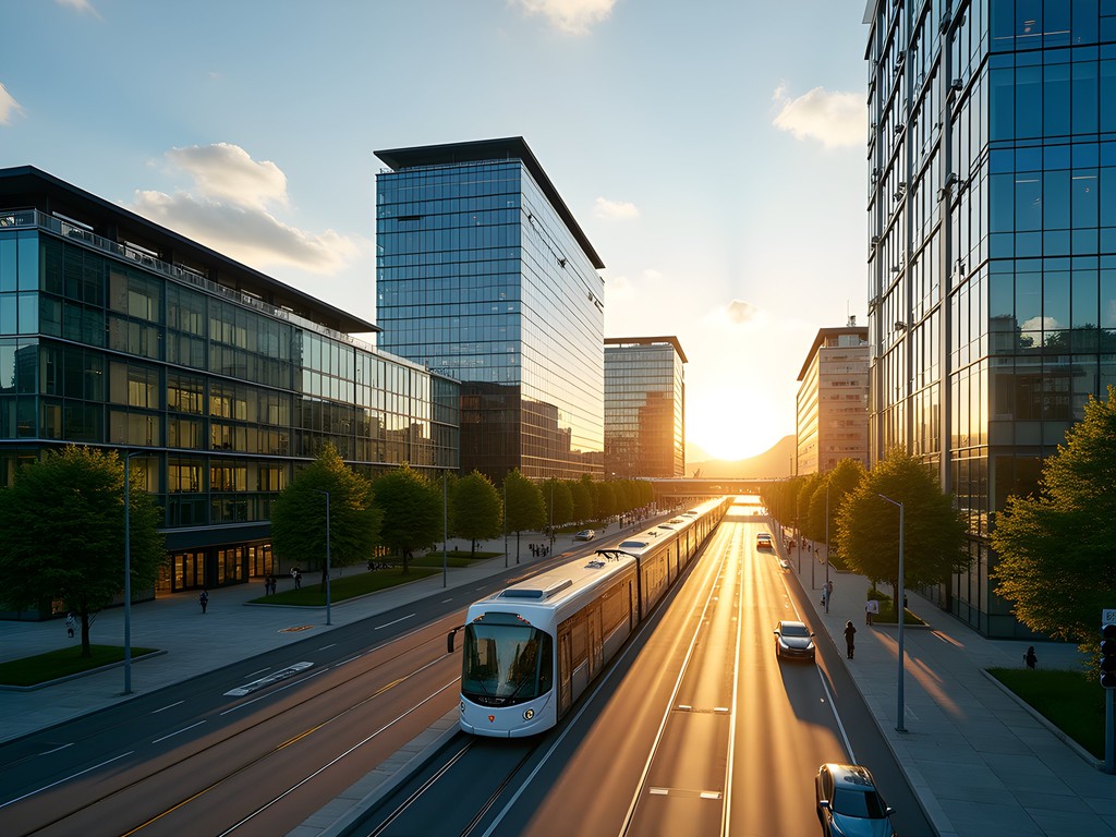 Oslo business district at sunrise with modern sustainable architecture