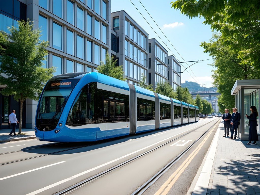 Electric tram passing through Oslo's business district with a person waiting at the stop
