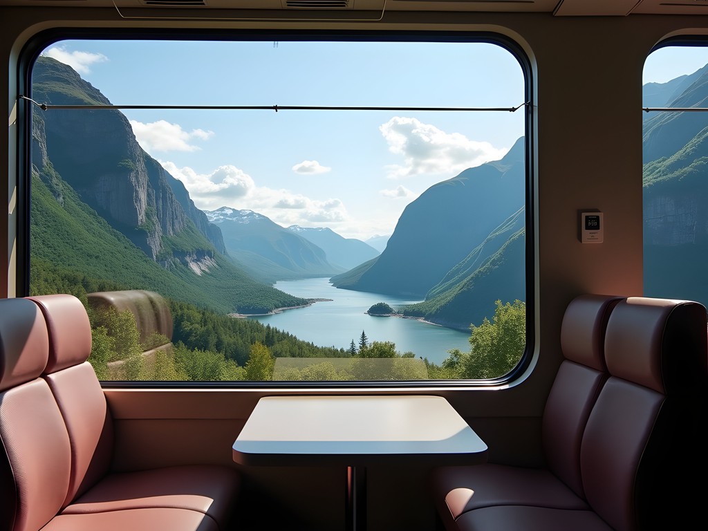 Scenic view from the Rauma Line train with mountains and valleys visible through panoramic windows