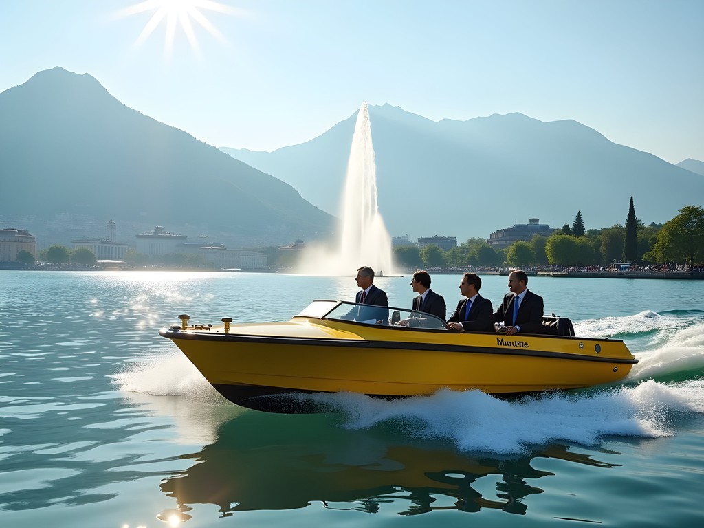 Business traveler using Geneva's yellow water taxi with Mont Blanc in background