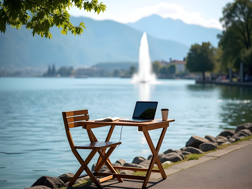Business professional working productively by Lake Geneva with Mont Blanc view