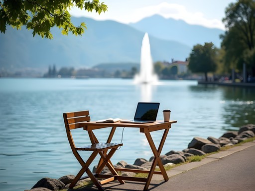 Business professional working productively by Lake Geneva with Mont Blanc view