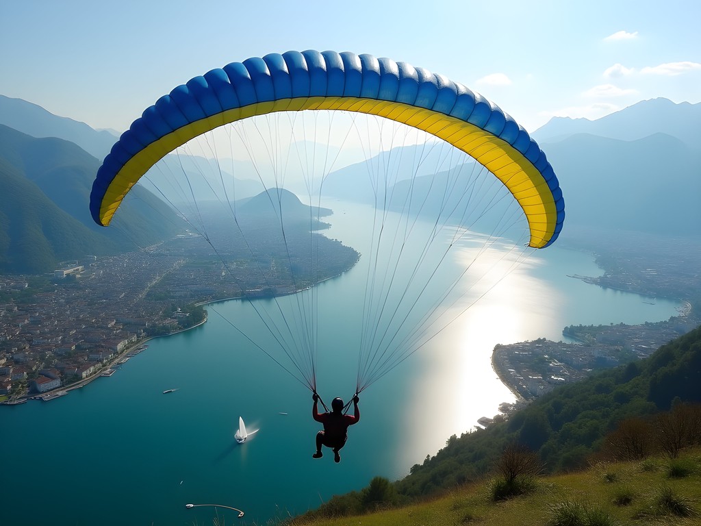Paragliding over Lake Geneva with Mont Blanc and city view