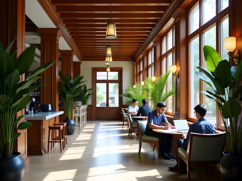 Business traveler working in Georgetown hotel lobby with laptop