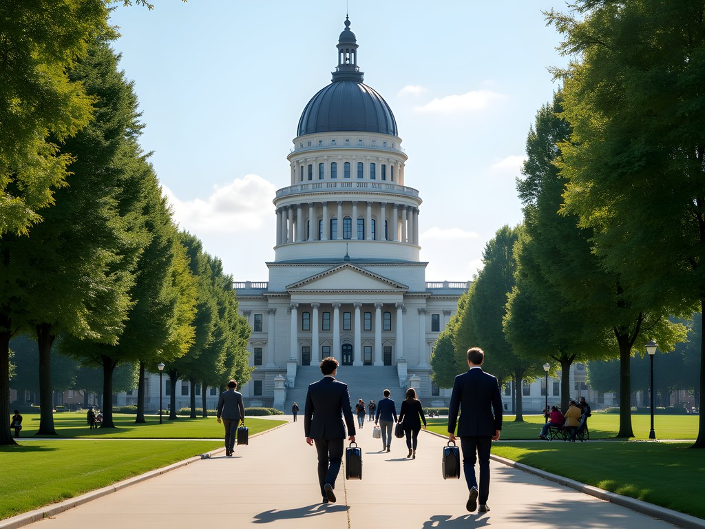 Pennsylvania State Capitol Building in Harrisburg with business travelers walking past