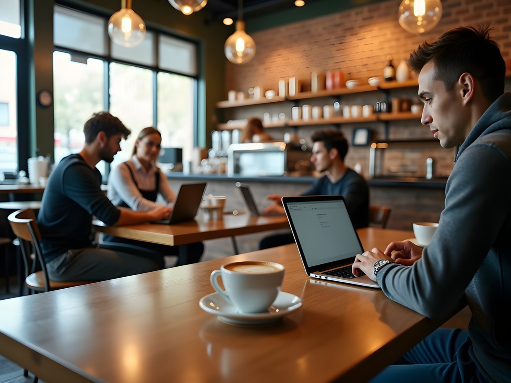 Business traveler working on laptop in a cozy Harrisburg coffee shop