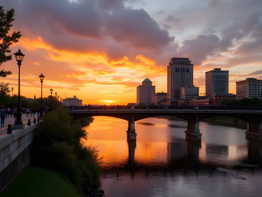 Sunset view from the Walnut Street Bridge in Harrisburg with city skyline reflected in the Susquehanna River