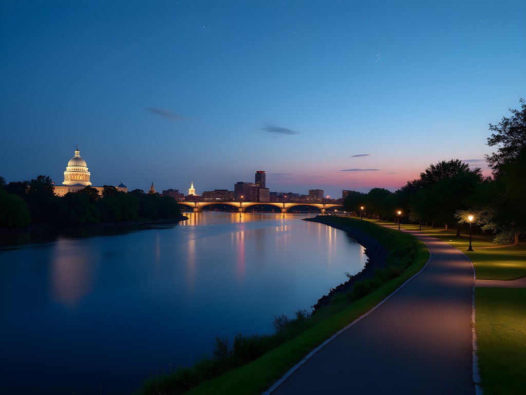Evening view from City Island showing Harrisburg skyline and night sky