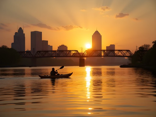 Sunset view of Harrisburg skyline from Susquehanna River with kayaker