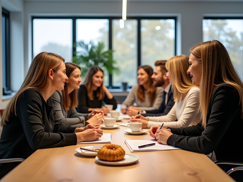 Finnish business professionals during traditional coffee break in Helsinki office