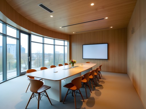 Modern meeting space inside Helsinki's Oodi Central Library with wooden architecture
