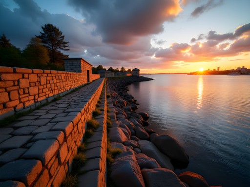 Historic stone fortress walls of Suomenlinna at sunset with Helsinki skyline in distance
