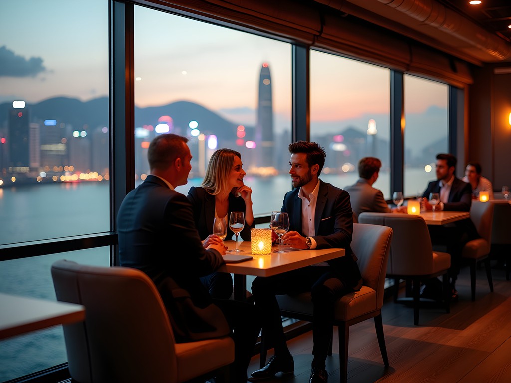 Business professionals networking at a rooftop bar with Hong Kong skyline view