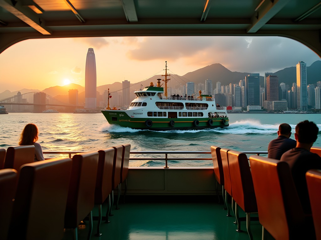Business traveler enjoying sunset Star Ferry crossing in Hong Kong