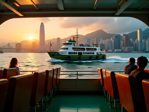 Business traveler enjoying sunset Star Ferry crossing in Hong Kong