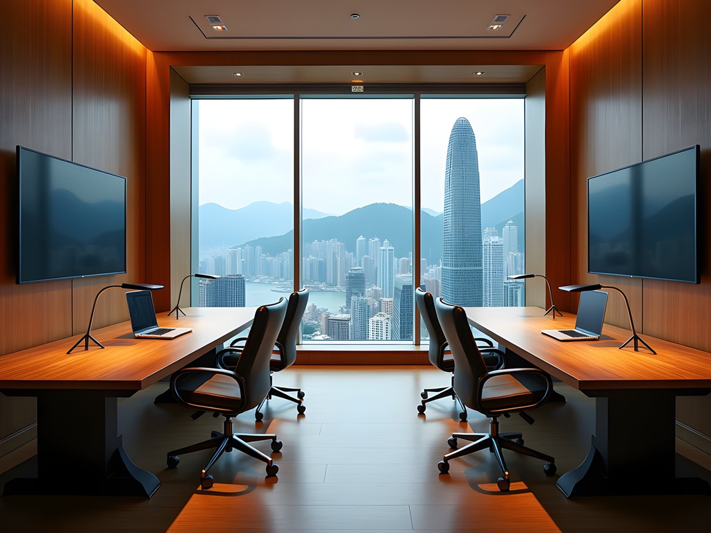 Sophisticated hotel business center with Hong Kong skyline view