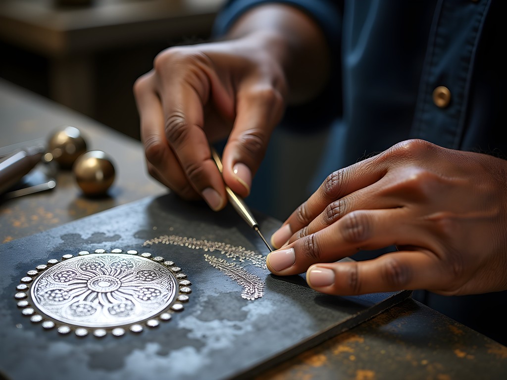 Traditional Bidri metalwork artisan demonstrating silver inlay technique in workshop near Hyderabad