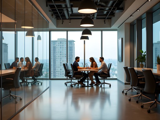 Modern collaborative workspace at T-Hub Hyderabad with glass meeting rooms and city views
