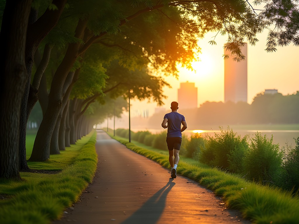Early morning jogging path at KBR National Park in Hyderabad with lush greenery and urban skyline in background