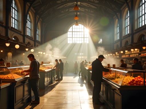 Morning light streams through the historic Indianapolis City Market as vendors prepare for the day
