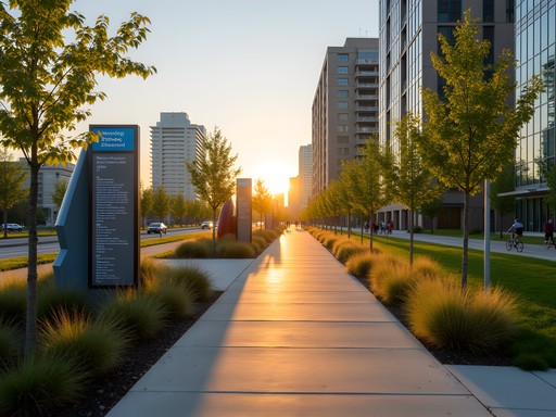 Early morning on the Indianapolis Cultural Trail with public art installations and urban landscaping