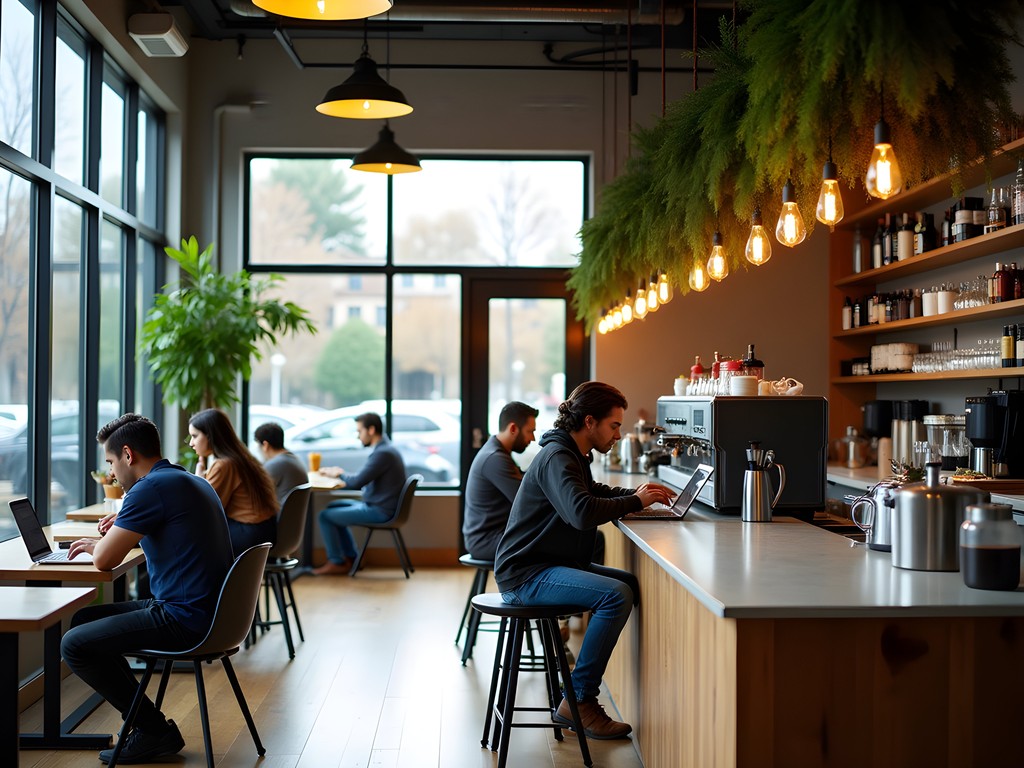 Modern coffee shop workspace at Provider in Indianapolis with patrons working on laptops