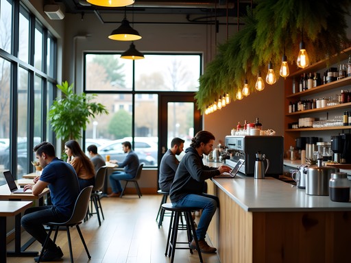 Modern coffee shop workspace at Provider in Indianapolis with patrons working on laptops