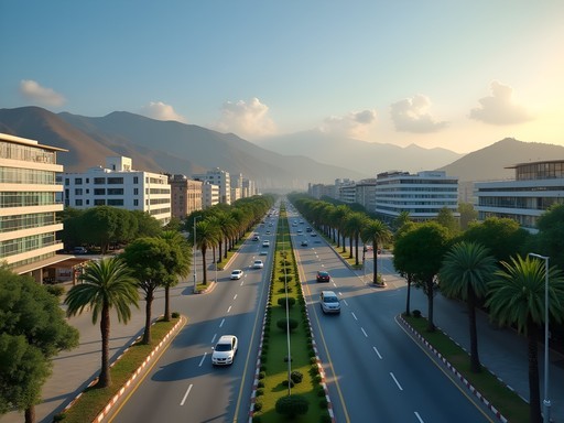 Traffic flow in Islamabad's Blue Area business district with Margalla Hills backdrop