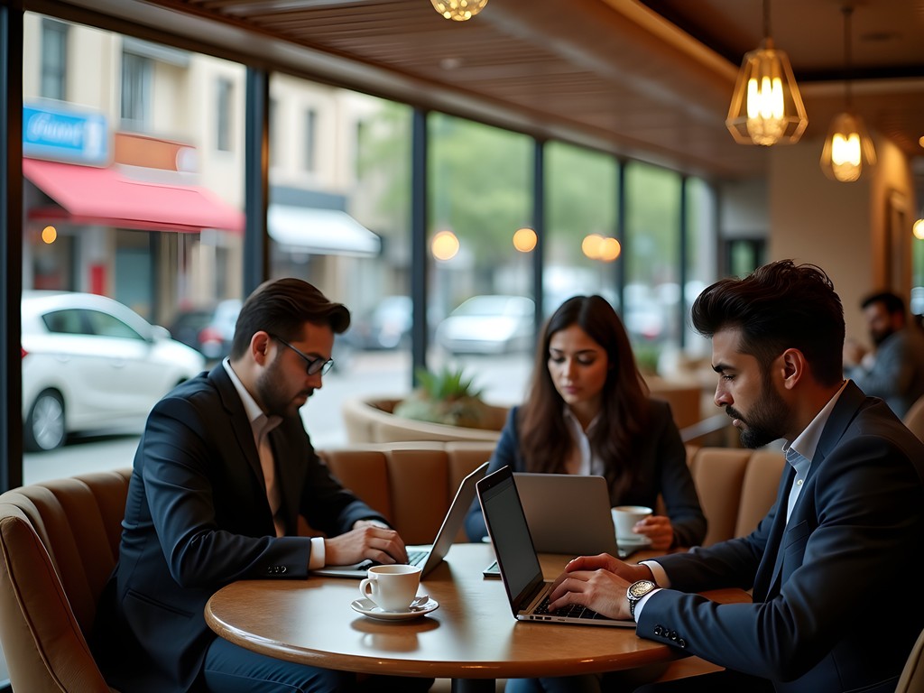 Business professionals working in modern Islamabad café with laptops and coffee