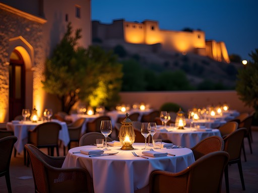 Elegant business dinner setting at heritage restaurant in Jodhpur with fort views