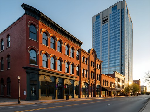 Architectural contrast between historic and modern buildings in downtown Jonesboro