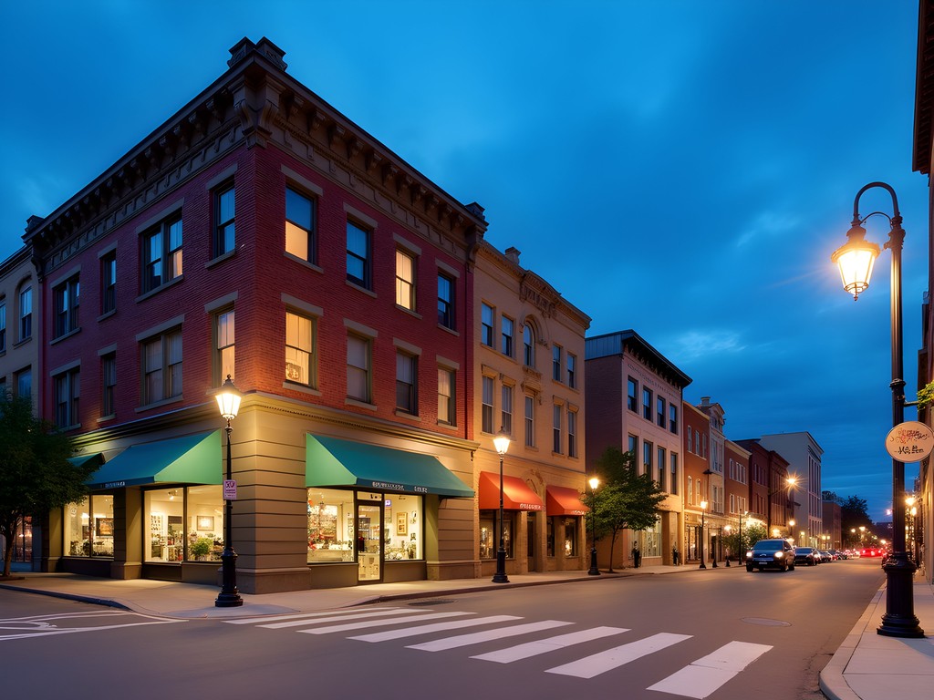 Evening architectural view of historic downtown Jonesboro buildings