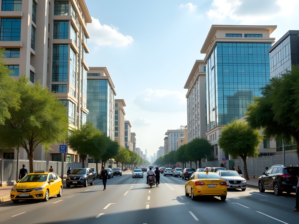 Business district in Kaduna showing modern buildings and typical transportation options