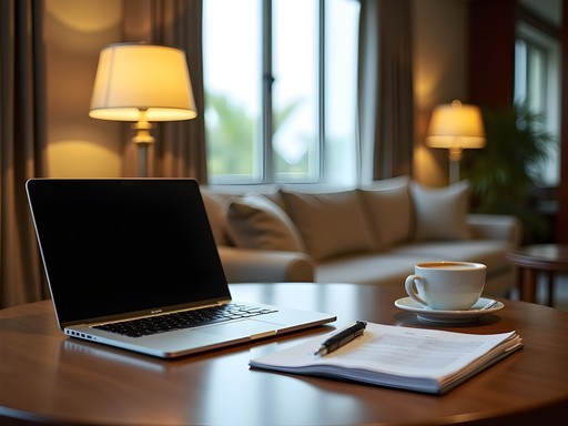 Professional business traveler working in a comfortable hotel workspace in Kaduna with laptop and documents