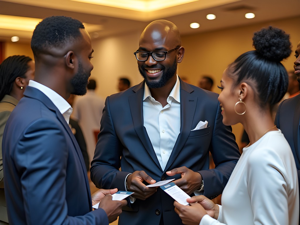 Business networking event in Kaduna showing diverse professionals exchanging contact information