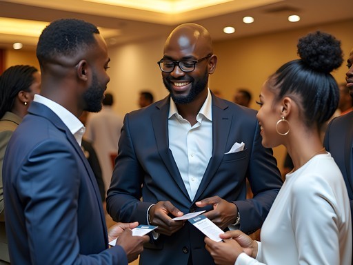 Business networking event in Kaduna showing diverse professionals exchanging contact information