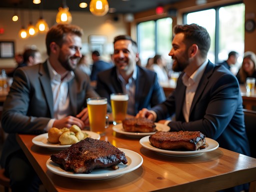 Business professionals enjoying Kansas City barbecue at a local restaurant