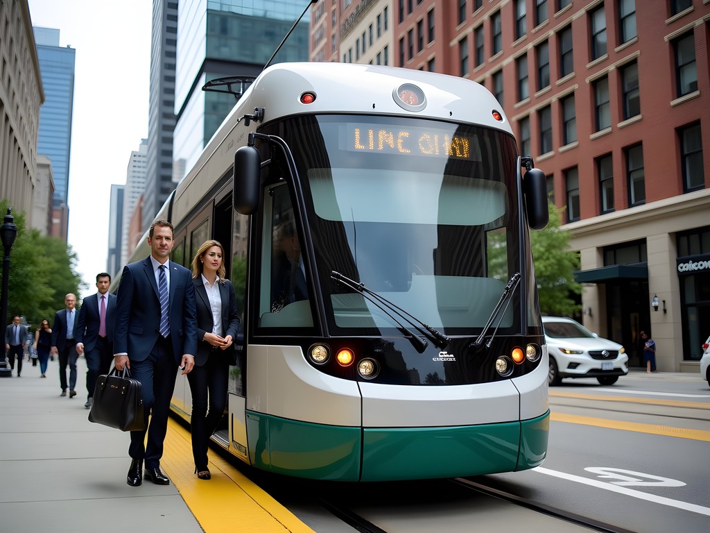 Kansas City's free streetcar with business travelers boarding