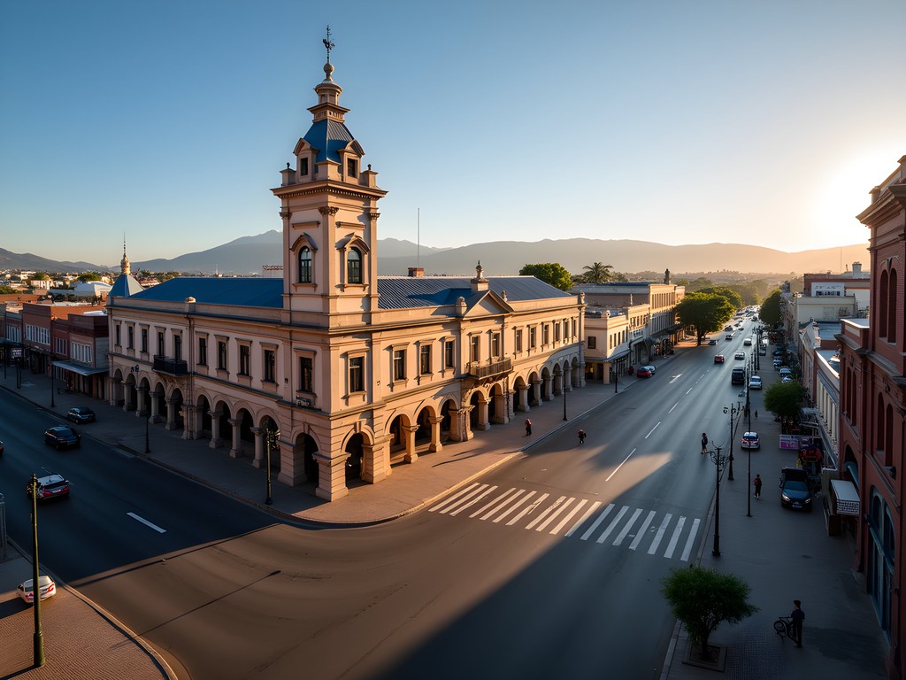 Historic Kimberley City Hall and business district with morning light